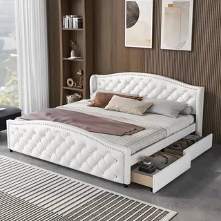 MODFU Polsterbetten 180 x 200 cm Doppelbett Jugendbett Gästebett Bettgestell mit 2 Schubladen(ohne Matratze), Weiß - Weiß