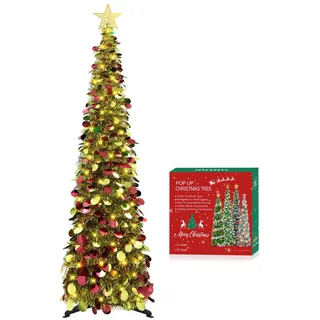 HMASYO 150 cm Pop-Up Lametta Weihnachtsbaum mit 50 Timer-Lichtern, Buntes Gold Zusammenklappbarer Künstlich Schlanken Weihnachtsbaum für den Innenbereich, Zuhause Wohnung Kamin mit Festdekoration