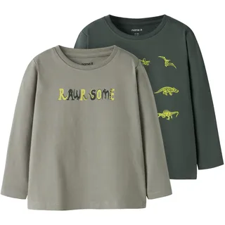 Langarmshirt NAME IT "NMMVUX 2P LS TOP", Jungen, Gr. 92, shadow pack:urban chic, Jersey, Obermaterial: 95% Baumwolle, 5% Elasthan, bedruckt, regular fit normal, Rundhals, Shirts Langarmshirt, Baumwollmischung, regular fit