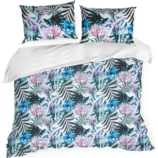 Eurofirany Bettwäsche Kissenbezug Bettbezug 200x220cm weiß dunkelgrün Botanish 3tlg Set - Hellviolett