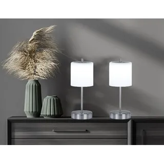 2er SET kabellose Tischlampen 34,5cm hoch mit Touchdimmer - Silber / Glas Weiß