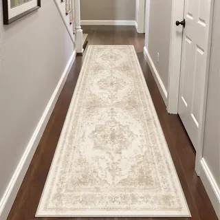 HUGEAR Vintage Creme Waschbarer Teppich 60x240cm LäUfer Flur rutschfest Weich Vorzimmer Tepich Kurzflor Schlafzimmer Retroteppiche KüChe Bedroom Brücken Hallway Carpet