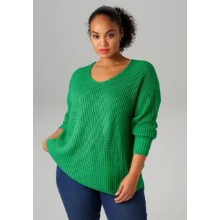 Strickpullover ANISTON PLUS, Damen, Gr. 44, grün, Strick, Obermaterial: 100% Polyacryl, unifarben, lässig geschnitten Po-bedeckend, V-Ausschnitt, Rippstrickbündchen, Pullover Strickpullover, im dezenten Ajour-Strickmuster