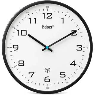 Mebus Analoge Funk-Wanduhr 30 cm groß | Leicht lesbar & lautlos in Schwarz | Runde Funkuhr ohne Tickgeräusche & großem Ziffernblatt für Küche, Wohnzimmer, Schlafzimmer, Büro, Praxis | Uhr geräuschlos