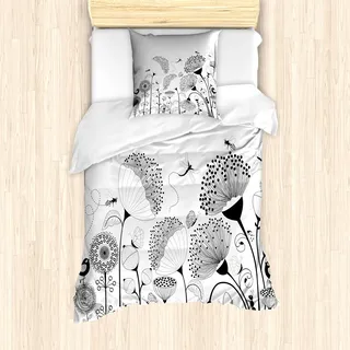 ABAKUHAUS Schwarz und weiß Mantele, Blühende Blumen-Biene, Milbensicher Allergiker geeignet mit Kissenbezügen, 135 cm x 200 cm - 80 x 80 cm, Schwarz-Weiss - Schwarz