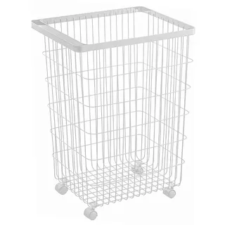 Yamazaki Wäschekorb mit Rädern, weiß, Stahl/Nylon, minimalistisch, 28 x 46.5 x 61 cm