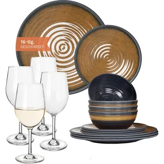 Melamin Camping Geschirr Set 4 Personen Stone Curry + 4 Tiamo Weiß Weingläser Tafelgeschirr Picknick BBQ Kochgeschirr
