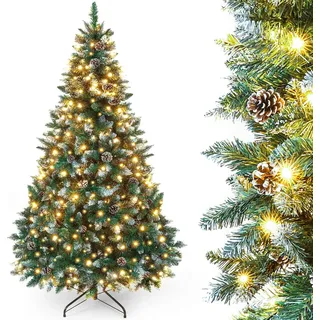 Yorbay künstlicher Weihnachtsbaum mit Beleuchtung und weißem Schnee, LED Tannenbaum für Weihnachten-Dekoration mit echten Tannenzapfen, Feuerbeständig (150CM)