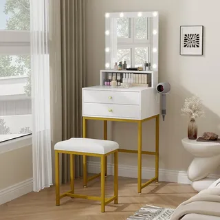 Schminktisch LED-Beleuchtung Spiegel Weiß Gold 3 Farben 2 Schubladen Regale