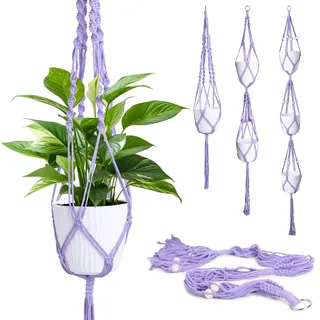 XXXFLOWER 3 Stück Makramee Blumenampel,Baumwollseil Hängeampel Blumentopf Robust Makramee Pflanzenhalter Blumenampel für Innen Außen Decken Balkone Wanddekoration Violett (Ohne Pflanzen und Töpfe)