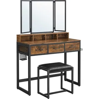VASAGLE Schminktisch Schminktisch mit 3-teiligem Klappspiegel, Haartrocknerhalter, Schminktisch mit Polsterhocker, 3 Schubladen, vintage braun-schwarz - Braun, Schwarz