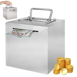 Trendecor Spardose Erwachsene Edelstahl, 15x15x15 cm Spardose mit Griff Schwer zu Öffnen Safe Sparschwein Metall zur Wiederverwendung Edelstahl Safe Sparbüchsen für Erwachsene