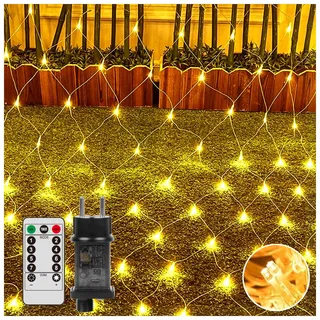 GEEKEO Lichternetz Außen Netz 3x2m 192 LED Lichterkette Netz Außen Innen mit Stecker, IP44 Wasserdicht Lichternetz 8 Modi Timer für Weihnachtsbeleuchtung Büsche Garten Zimmer Balkon Warmes Gelb