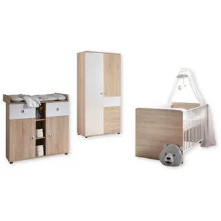 WIKI Babyzimmer Komplett-Set in Eiche Sonoma Optik / Weiß - Babyzimmer Möbel-Set 3-teilig bestehend aus Kleiderschrank, Babybett & Wickelkommode