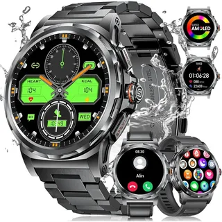 LIGE Militär Smartwatch Herren mit Telefonfunktion, 3 Armbänders, 1,43''AMOLED-Smartwatch mit Herzfrequenz, SpO2, Schlafmonitor, 5ATM Wasserdicht/120+ Sportmodi Outdoor Sportuhr für Android iOS