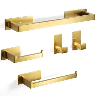 Virklyee Edelstahl Ohne Bohren Handtuchhalter Set 5 Stücke 43CM Handtuchhalter Rostfreier Toilettenrollenhalterund Haken 5-teiliges Bad Zubehör Set, Selbstklebend, Wandmontage,Wohnzimmer(Gold)