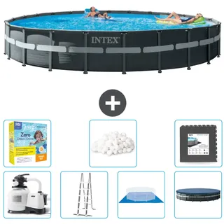 Intex Round Ultra XTR Frame Swimming Pool – 732 x 132 cm – inklusive Pumpe – Leiter – Bodenplane – Abdeckung Wartungspaket - Filterbälle - Bodenfliesen