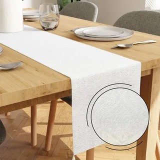Encasa XO Tischläufer | Geprägtes Samt | Größe 32x150 cm | Farbe Weiß mit Premium-Polyester - Maschinenwaschbar