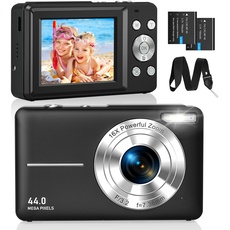 CAMKORY Digitalkamera Fotokamera FHD 1080P 44MP Kompaktkamera 16X Digitalzoom Fotoapparat Klein Einfache Bedienung Bildstabilisator mit 2 Akku für Kinder Anfänger Jungen Mädchen Schwarz
