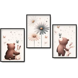 FORYOU24 Bilder Kinderzimmer | 3er Set DIN A4 | Wandbilder | Kinderzimmer Poster | Deko Bilder Kinderzimmer Mädchen und Jungen | Babyzimmer Deko | Bärenfreunde STP_015