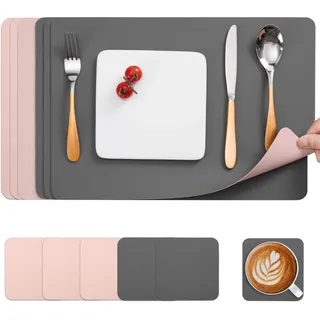 Myir JUN Tischsets Abwaschbar und Untersetzer, Platzset Leder Platzdeckchen Abwaschbar Doppelseitigen Tischsets Umkehrbares Tischset rutschfest Tischset Lederoptik (Grau Rosa, Satz von 6)