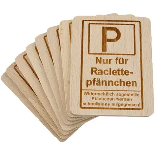 8 Stück Raclette Untersetzer mit Lasergravur"Raclettepfännchen Parkplatz" aus Buchenholz, 100x80x7mm