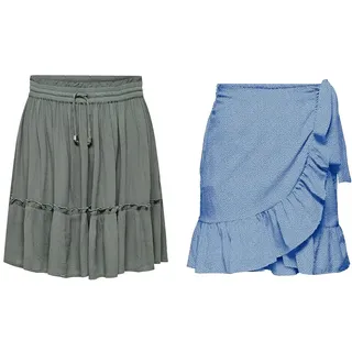 ONLY Damen Mini Volant Rock Kurzer A-Linien Chiffon Rüschen Skirt mit Tunnelzug Bund ONLIBIZA & Damen Kurzer Wickel Rock | Oberschenkellanger Falten Skirt