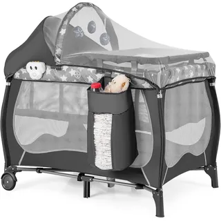 FANTASK 4 in 1 Babybett, Grau Spielbogen & Spieluhr, Stubenwagen mit Rollen, Tragetasche, tragbares Beistellbett Reisebett mit faltbaren Matratze, Wickeltisch, Baldachin, für Baby bis 36 Monaten