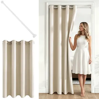 MRTREES Beige Türvorhang mit Stange 1 Stück, Ohne Bohren H 200 x B 140 cm | Teleskopstange zum Klemmen Weiß 75-125cm,Einfache Montage,Gardinen Verdunkelnd,für Mietwohnung,Raumteiler,Schlafzimmer