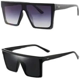 Dollger Retro Eckig Sonnenbrille Damen Herren Groß Mode Flat Top Big Rahmen Shades Schwarz+Grau