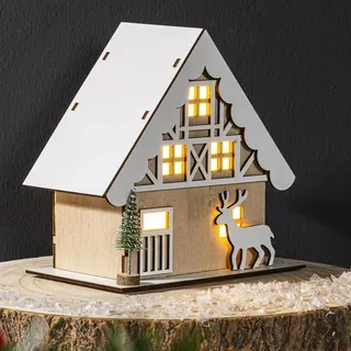 Bambelaa! Tischlicht Winterhütte Weihnachtsdeko aus Holz mit Rentier 3 warmweiße LEDs Batteriebetrieben für Weihnachten Winterdeko Dekofigur Innen ca. 16,5 x 10 x 17 cm LED Beleuchtung Dekoration