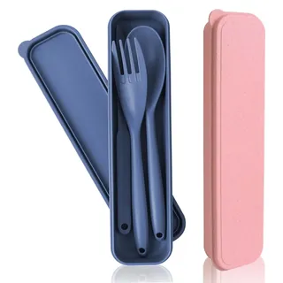 2 Stück Reisebesteck mit Etui, Tragbares Camping Besteckset Wiederverwendbare Plastik Besteck Löffel Messer Gabel Set campingbesteck Bestecksets für Unterwegs, Outdoor, Büro, Schule