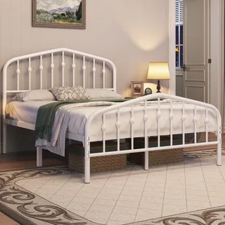 Yaheetech Bettrahmen 140 x 200 cm, Vintage Metallbett mit kronenförmigem Kopfteil, Stabiles Bettgestell Doppelbett aus Metall, Robust & Leichte Montage Gästebett Jugendbett Tagesbett, Weiß