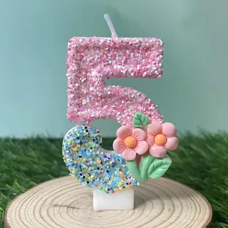 Ovanda Zahlenkerze 5 Geburtstag Kerze Blumendesign Tortendeko für Kindergeburtstag Mädchen Party Dekoration Farbintensiv Fein Verarbeitet Rosa Blume Kuchen Topper mit Pailletten