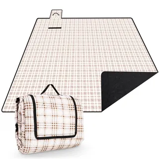 Tixexo Picknickdecke 200x200,picknickdecke wasserdicht wasserdicht Waschbar | isoliert stranddecke Sandfrei XXL,Bequeme leicht zu tragen für Outdoor, Camping, Strand (Beige Karo)