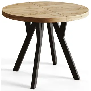 Esstisch Rund Ovo, Moderner Esstich Ausziehbar, Tisch mit Solide Beine, Stabile Konstruktion,, Durchmesser: 100cm-200 cm, Craft - Naturbelassen, Schwarz