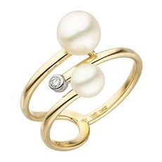 SIGO Damen Ring 585 Gelbgold 2 Süßwasser Perlen 1 Diamant Brillant