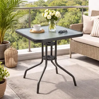 Bistrotisch Balkontisch Gartentisch Tisch Eckig Glas Metall 60x60cm - Grau