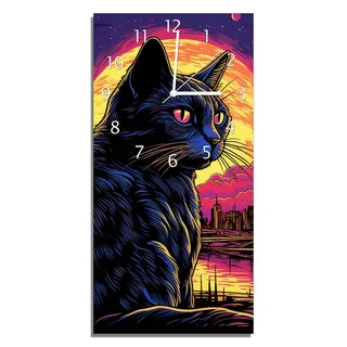 Wallario Design Wanduhr bedruckt, Größe 30 x 60 cm, Motiv: Katze unter Vollmond - Rosa