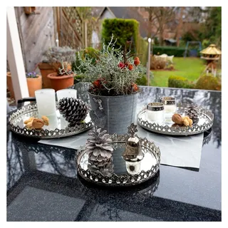 Dekorative Tabletts, Spiegeltablett, Tablett, Dekotablett Make-up Organizer, Kerzentablett, Schmuckspiegel, Kosmetikspiegel - Metall/Spiegel - Geschenkidee (Ø26 cm Eva Silber) - Silber, Weiß