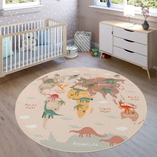 Paco Home Kinderteppich »Bino 583«, rund, 4 mm Höhe, Spielteppich, Motiv Weltkarte & Dinosaurier, Kinderzimmer Paco Home Beige Ø 160 cm   1 St.