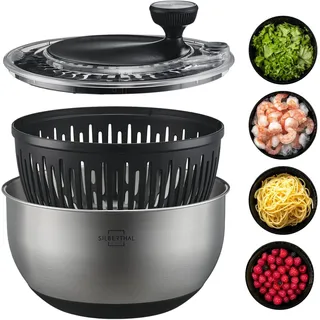 SILBERTHAL Salatschleuder Edelstahl 4,5l groß & rutschfestem Boden - Salad Spinner mit Kurbelantrieb & Stopptaste - BPA-frei & Spülmaschinenfest