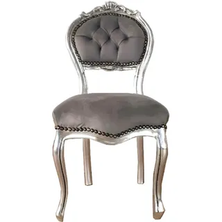 Casa Padrino Barock Damen Stuhl Grau / Silber 40 x 44 x H. 83 cm - Handgefertigter Schminktisch Stuhl mit edlem Samtstoff - Möbel im Barockstil - Grau, Silber