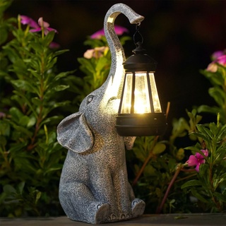 Yeomoo Elefanten Deko mit Solar Laterne Gartenfiguren - für Außen Gartendeko mit Wetterfest LED Solarlampe für Balkon Garten, Geschenke für Frauen Männer Mama Geburtstagsgeschenk Grau