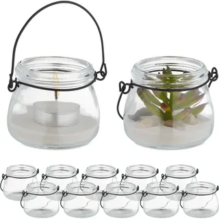 Relaxdays Windlicht, 12er Set, aus Glas, mit Henkel, innen & außen, Teelichthalter, HxD 6,5x7,5 cm, transparent/schwarz