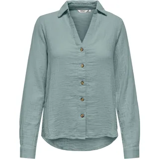 Langarmbluse ONLY "ONLTHYRA LIFE L/S REGULAR SHIRT NOOS WVN", Damen, Gr. S, abyss, Web, Obermaterial: 100% Baumwolle, unifarben, regular fit hüftbedeckend, V-Ausschnitt, Blusen Langarmbluse