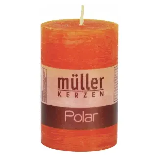 Müller Kerzen Polar Stumpenkerzen 90/58 mm, Raureif-Effekt, Kleiner Kerzen Stumpen für ein besonders gemütliches Ambiente, 1 Packung = 6 Stück, mandarin