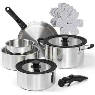 MICHELANGELO 14-teiliges Topfset Induktion mit Abnehmbaren Griffen - Stapelbares Kochgeschirr Set Edelstahl (Durchgehend 3-lagig), Platzsparend für Camping & Wohnmobil, Töpfe und Pfannen Set