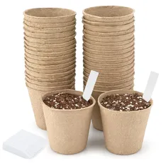 KINGLAKE 50 Stück Anzuchttöpfe Biologisch Abbaubare 8CM, Kleine Aussaattöpfe Papier Zellstoff Rund, Für Sämlingen,Saate, Stecklingen, Mit 100 Stück Pflanzenstecker 5X1CM