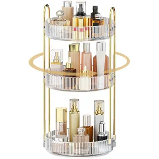 MOKANI Make Up Kosmetik Organizer, 360° Dreh Schmink Organizer, 3 Ebenen | Multifunctional Makeup Skincare Aufbewahrungssystem für Schminktisch, Badezimmer, Schlafzimmer, Transparent